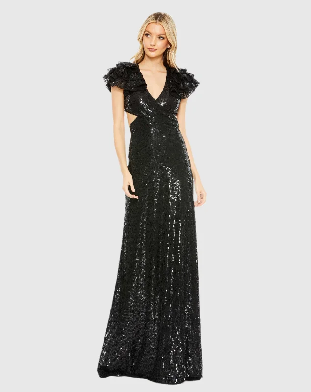 Sequined Ruffled Cut Out Lace Up Gown - FINAL SALE