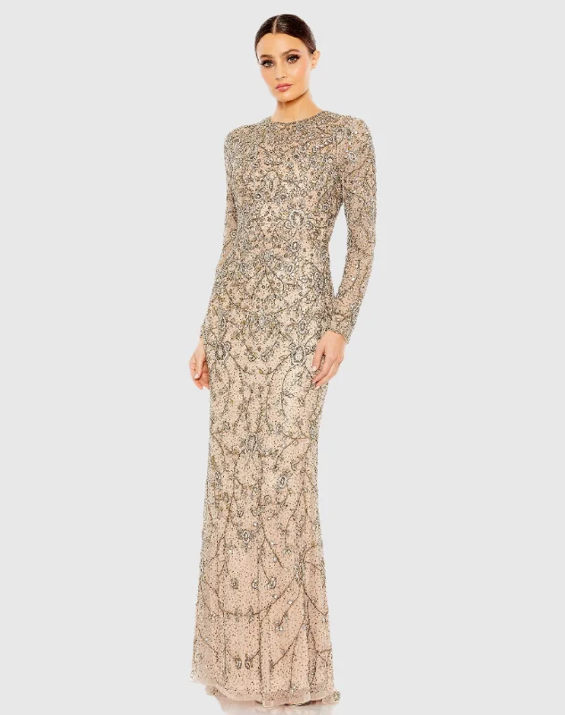 Beige Two Tone Beaded High Neck Long Sleeve Gown