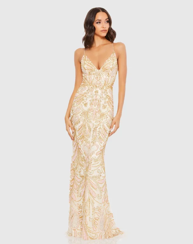 Champagne Strappy Back Beaded Gown