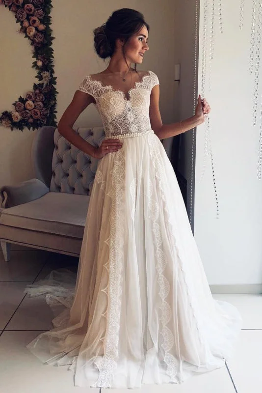 A-Line Scalloped-Edge Lace with Sheer Back Ivory Tulle Wedding Dress