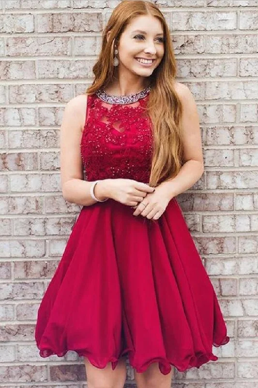 Appliques Chiffon Homecoming Gowns with Beaded Neckline