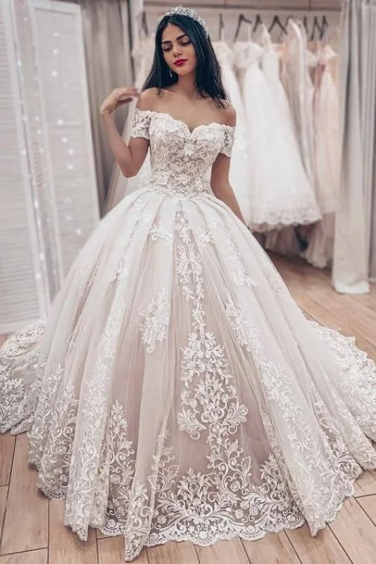 Ball Gown Off the Shoulder with Lace Appliques Gorgeous Wedding Dress