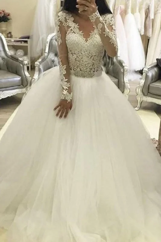 Ball Gown Sleeves V Neck Tulle Princess Long Wedding Dress