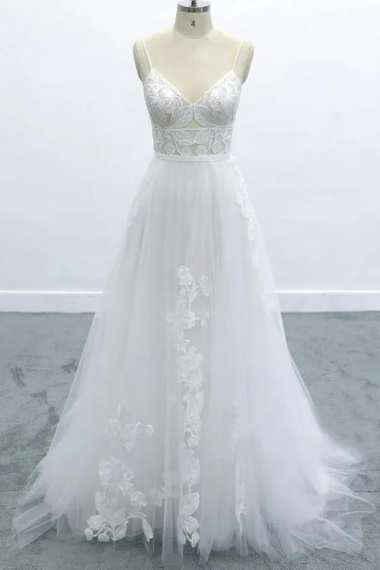 Best Spaghetti Strap Appliques Tulle Wedding Dress