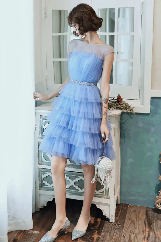 Blue Tulle Round Neck Layered Beaded Prom Dresses, Short Blue Homecoming Dresses, Blue Formal Graduation Evening Dresses WT1297