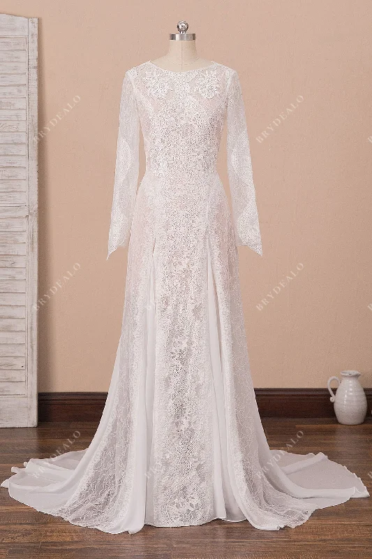 Bohemian Lace Chiffon Wedding Dress with Detachable Pink Slip