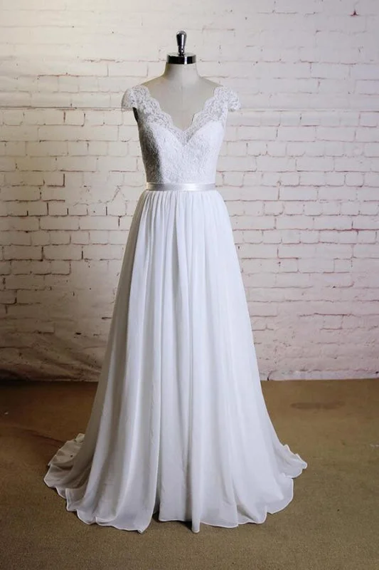 Cap Sleeve A-line Lace Chiffon Wedding Dress