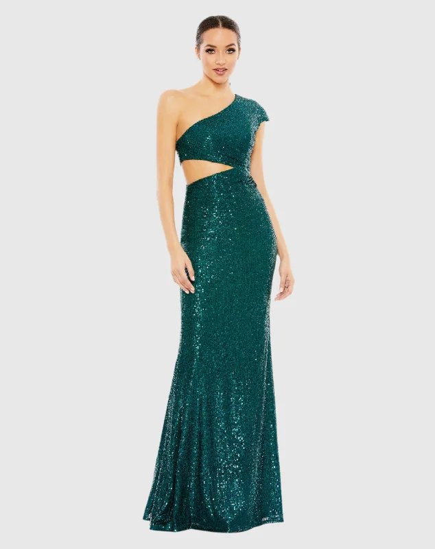 Sequined One Shoulder Cap Sleeve Cut Out Gown - FINAL SALE