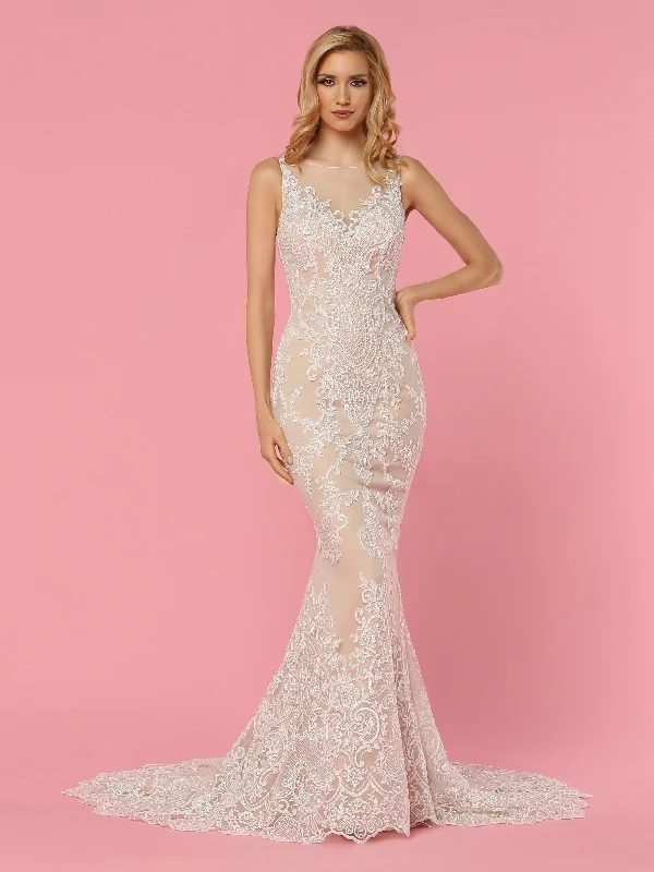 Davinci Bridal 50439 Long Lace Mermaid Wedding Dress Sheer High Neckline