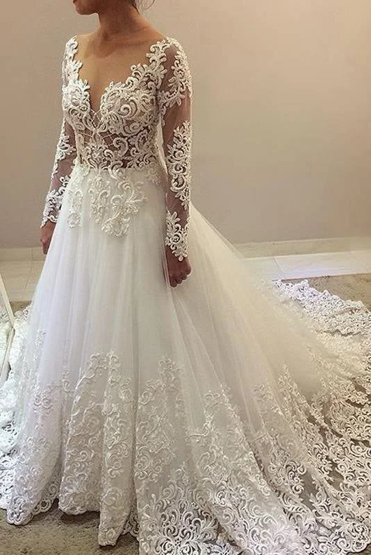 Elegant Beading Lace Long Sleeve Sheer Neck Ball Gown Wedding Dress