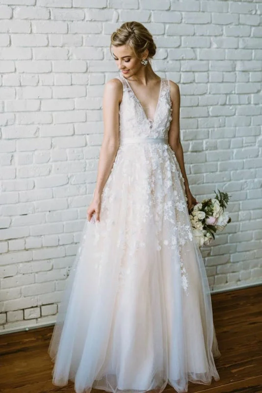 Floor Length V Neck Lace Applique Beach Puffy Tulle Wedding Dress