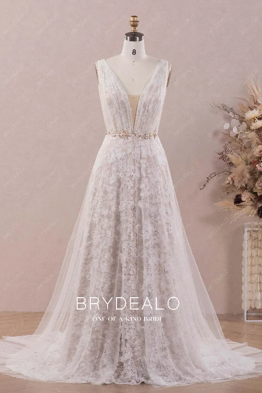 Floral A-Line Wedding Dress with Sheer Chapel Train