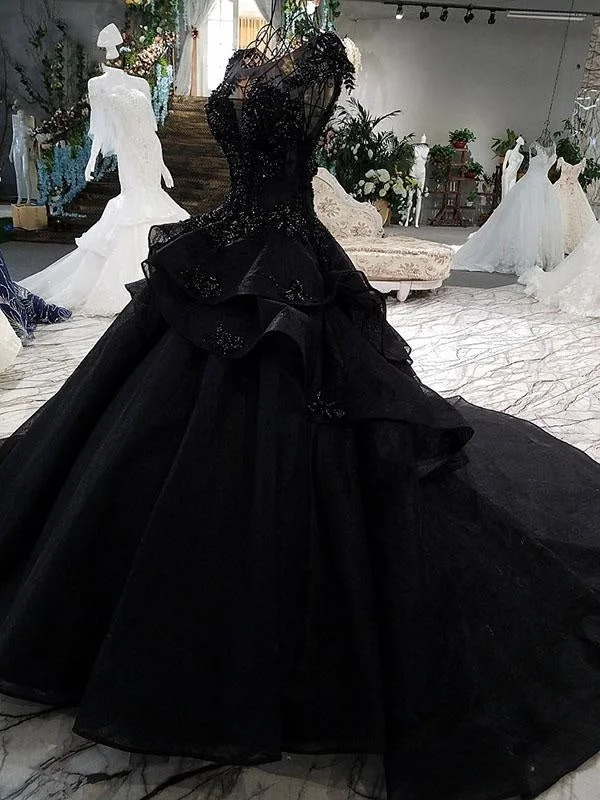 Gorgeous Black Ball Gown Cap Sleeves Long Wedding Dress