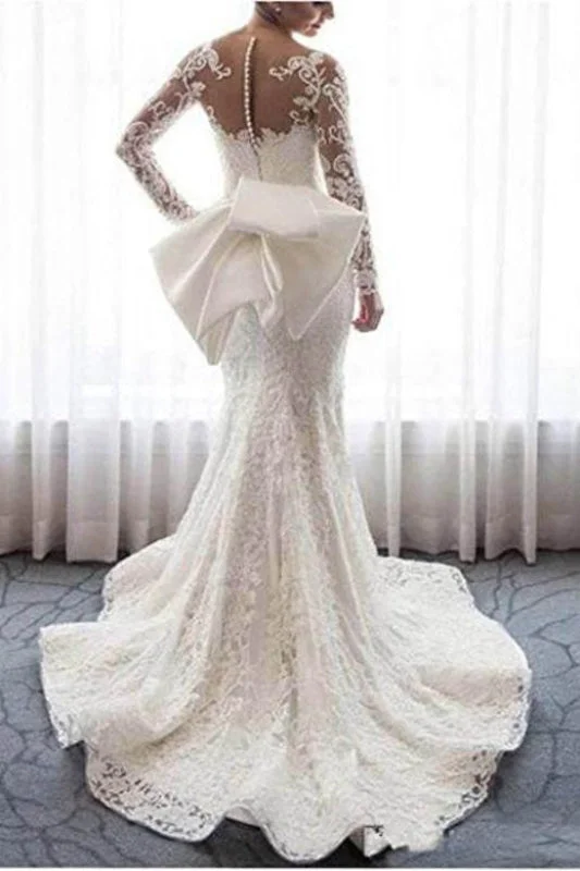 Gorgeous Lace with Long Sleeves Bowknot Mermaid Wedding Dress