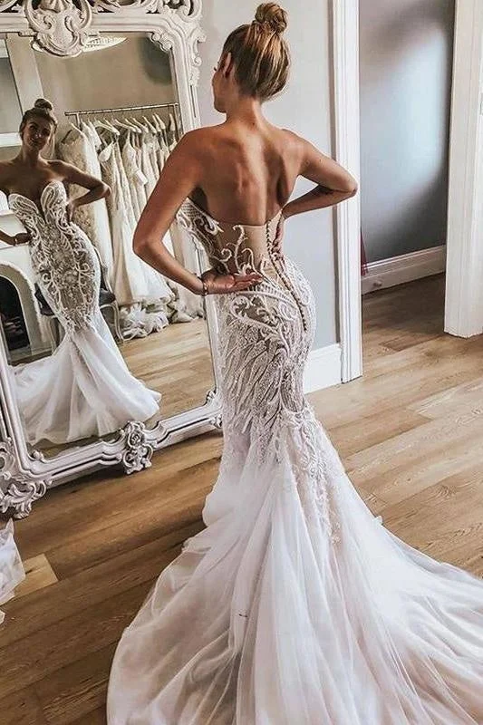 Gorgeous Strapless Tulle Mermaid Long Wedding Dress