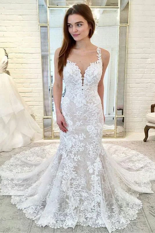 Gorgeous Straps Mermaid Train Lace Wedding Dress