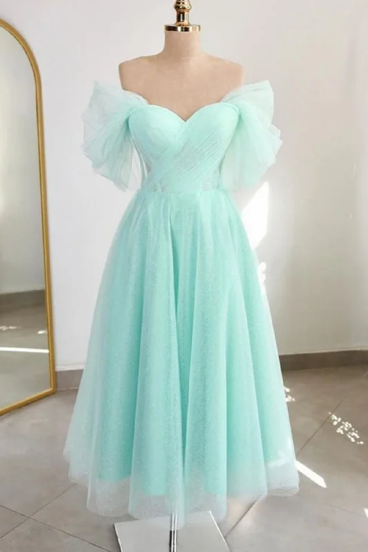 Green/Pink Tulle Off the Shoulder Tea Length Prom Dresses, Green/Pink Homecoming Dresses, Off Shoulder Formal Graduation Evening Dresses WT1303