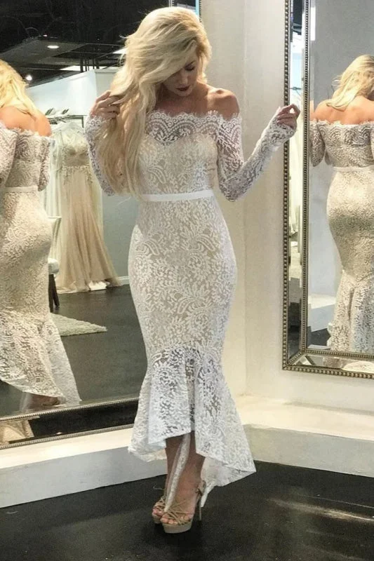 High Low Long Sleeves Mermaid Off the Shoulder Lace Wedding Dress