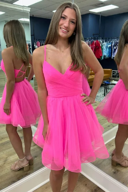 Hot Pink V Neck Open Back Tulle Short Prom Dresses, Hot Pink Tulle Homecoming Dresses, Short Formal Evening Dresses WT1287