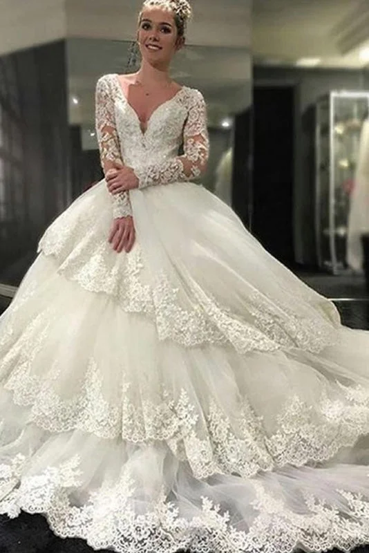 Ivory Deep V-Neck Long Sleeves Lace Appliques Chapel Train Tiered Wedding Dress