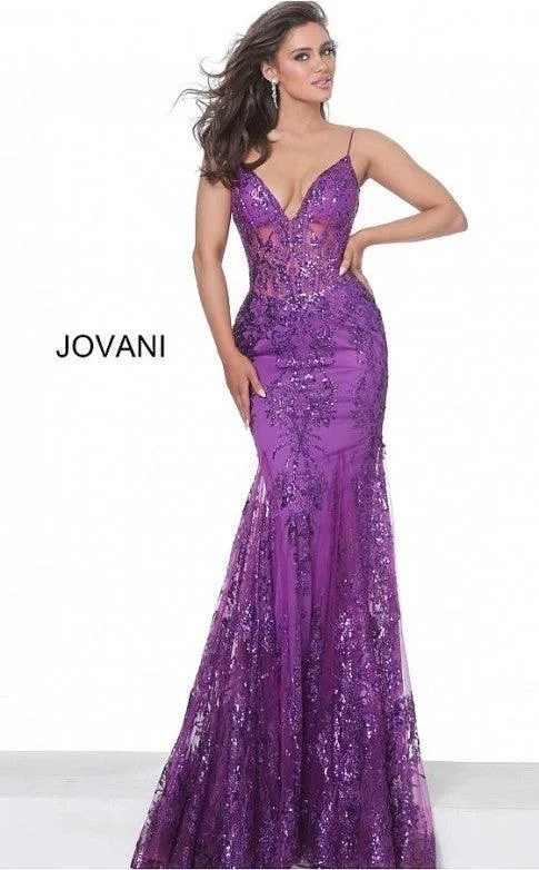 Jovani 3675 Prom Long Spaghetti Straps Mermaid Gown Plum