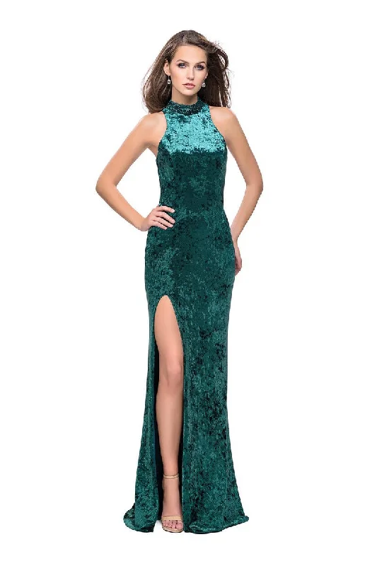 La Femme - 25783 Beaded High Halter Velvet Sheath Dress