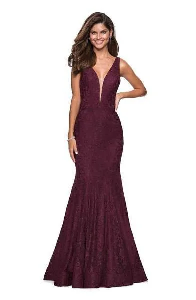 La Femme - 27464 Deep V-neck Stretch Lace Trumpet Dress