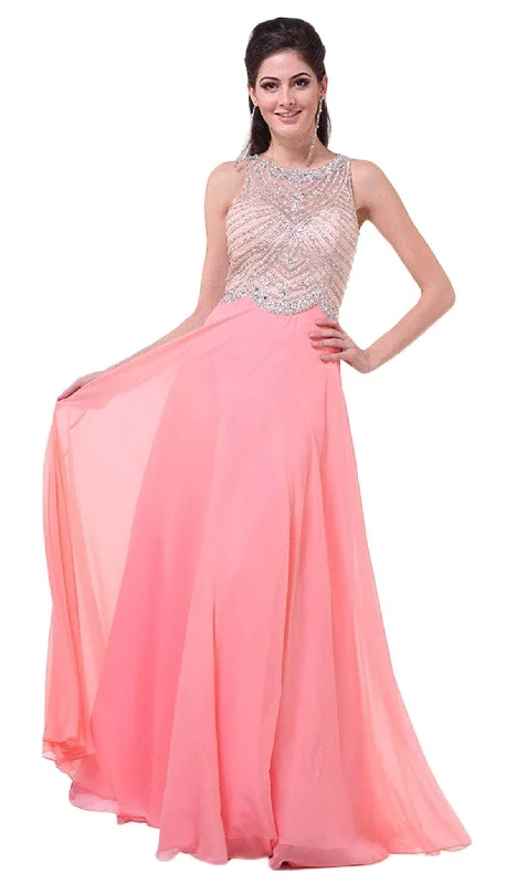 Ladivine 8733 - Crystal Adorned A-Line Evening Gown