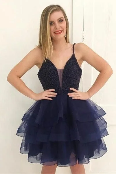 Layered Skirt Navy Blue Homecoming Gown with Beaded Plunging Neckline