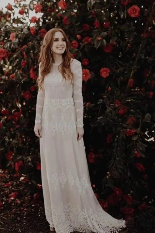 Long Sleeve Lace Beach Country Wedding Dress