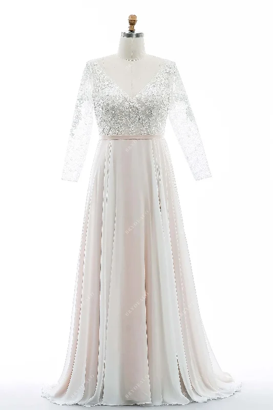 Pearl Pink Lace Chiffon A-Line Summer Wedding Dress