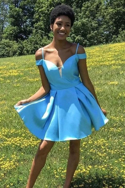 Plunging Light-blue Satin Homecoming Dress with Supported Straps