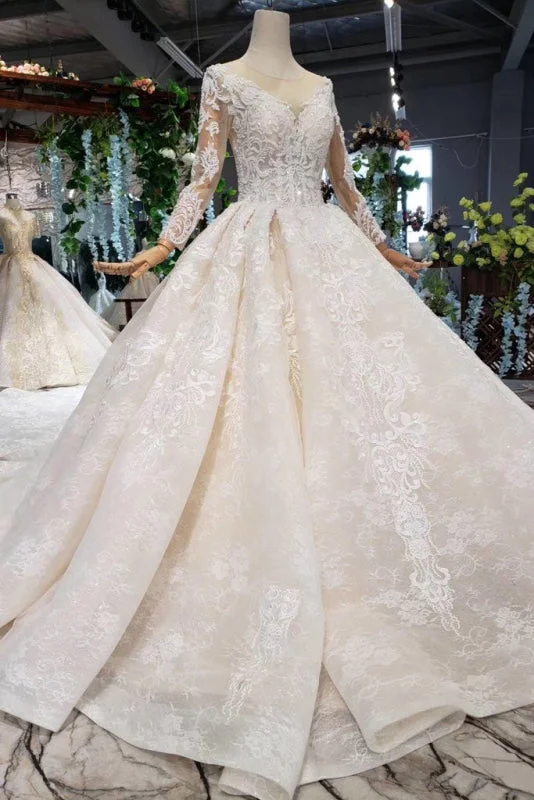 Princess Sleeves Sheer Neck Ball Gown Lace Long Wedding Dress