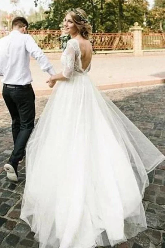 Puffy Half Sleeves Backless Floor Length Long Beach Wedding Dress