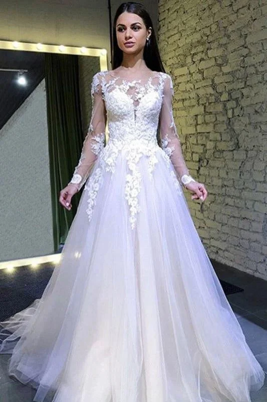 Puffy Sleeves Tulle Long Wedding Dress with Lace Appliques