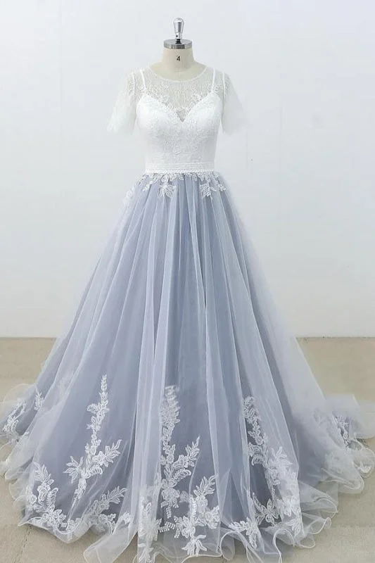 Short Sleeve Appliques Tulle A-line Wedding Dress