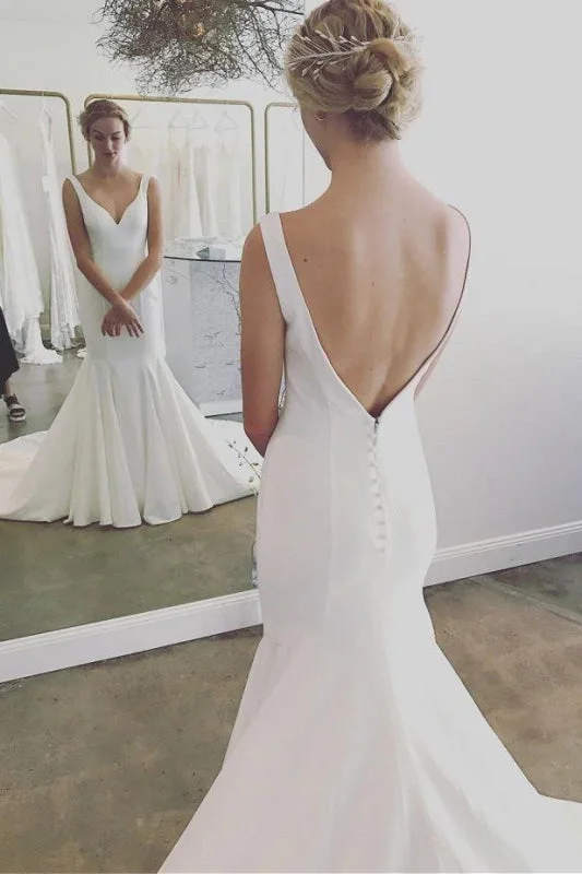 Simple V Neck Mermaid Long Beach Cheap Backless Wedding Dress