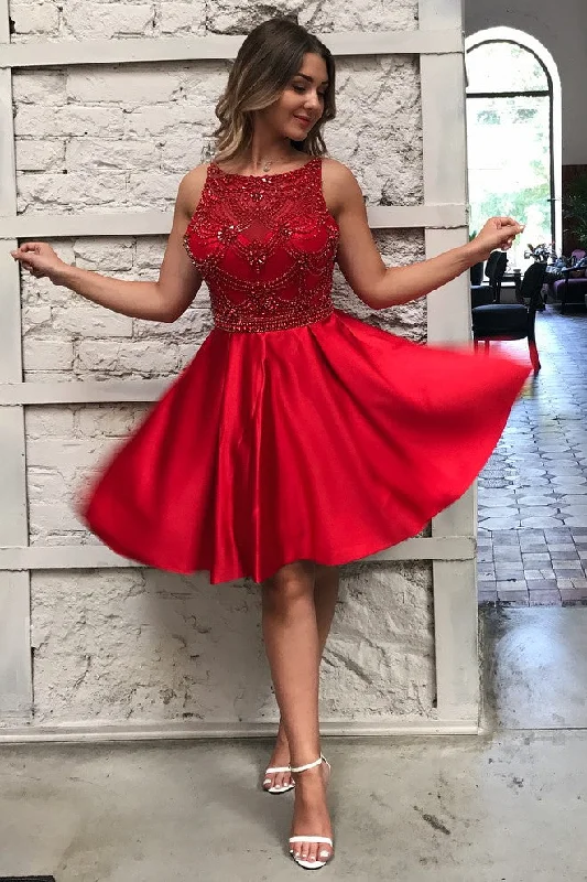 Sleeveless Bead Red Homecoming Dress Satin Skirt vestido de fiesta