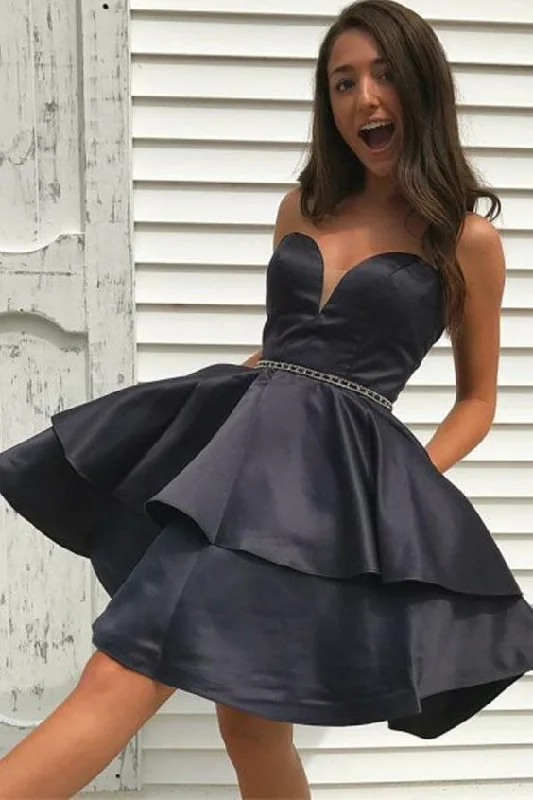 Sweetheart Black Satin Homecoming Dress with Beaded Belt