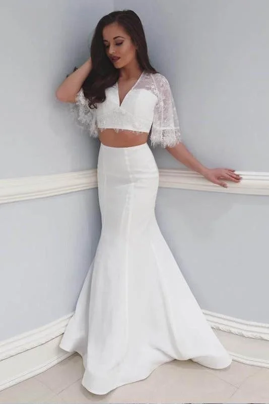 Two Beach with Lace 2 Piece Mermaid V Neck Wedding Dress