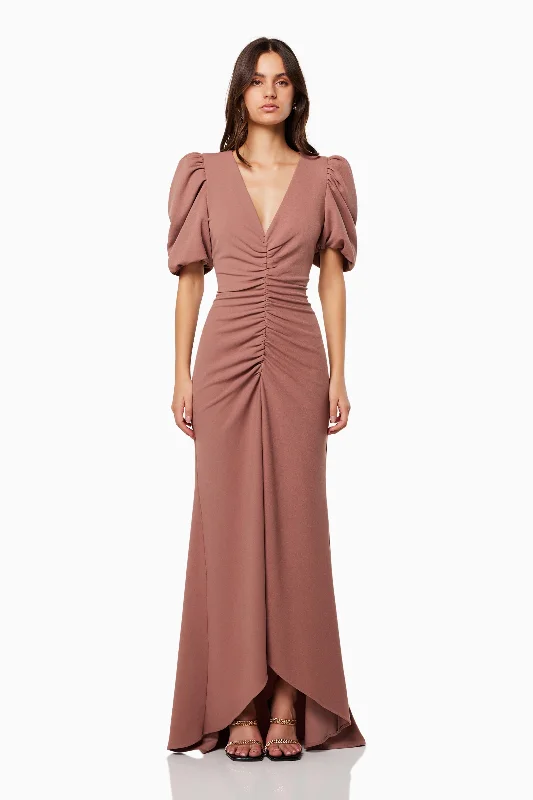 Amaryllis Short Puffed Maxi Gown In Brown