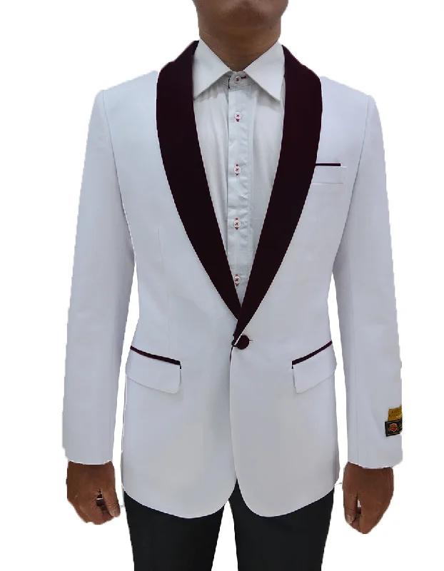 Mens One Button Contrast Shawl Collar Dinner Jacket White & Burgundy