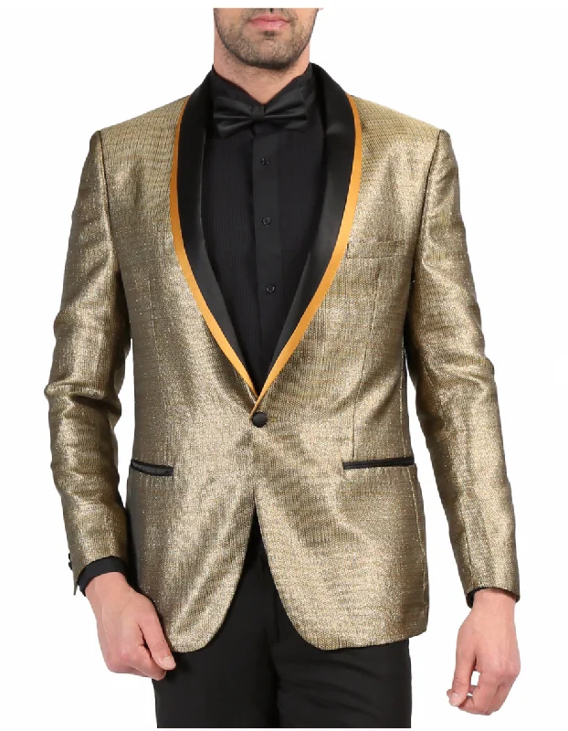 Mens One Button Geometric Print Tuxedo Dinner Jacket in Gold & Black