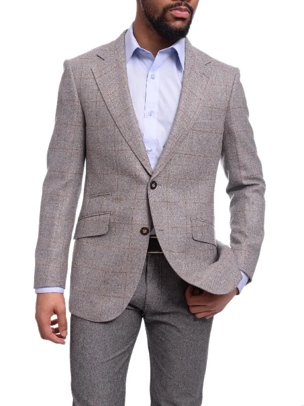 Napoli Slim Fit Gray & Tan Windowpane Two Button Half Canvassed Wool Blazer