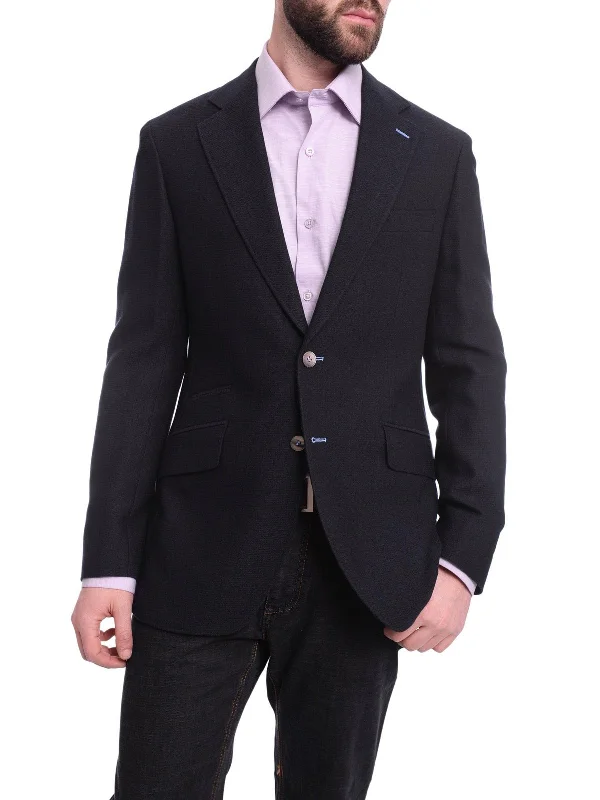 Napoli Slim Fit Navy Blue Textured Half Canvassed Marzotto Wool Blazer Sportcoat