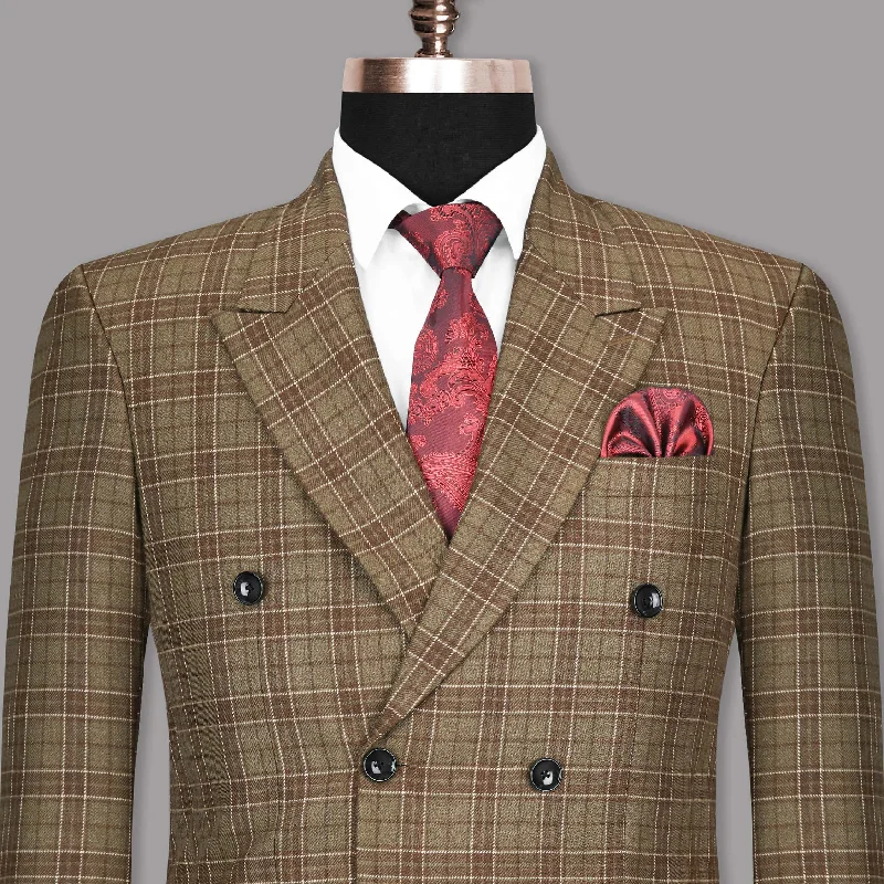 Shingle Fawn with Sand Dune Brown Twill Double-Breasted Plaid Blazer