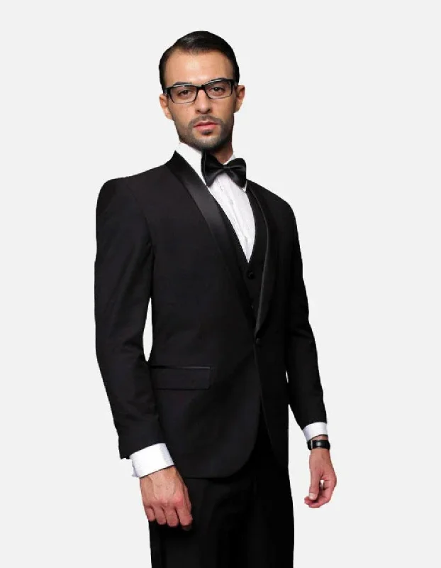 Statement Men's Black with Black Lapel Vested 100% Wool Tuxedo