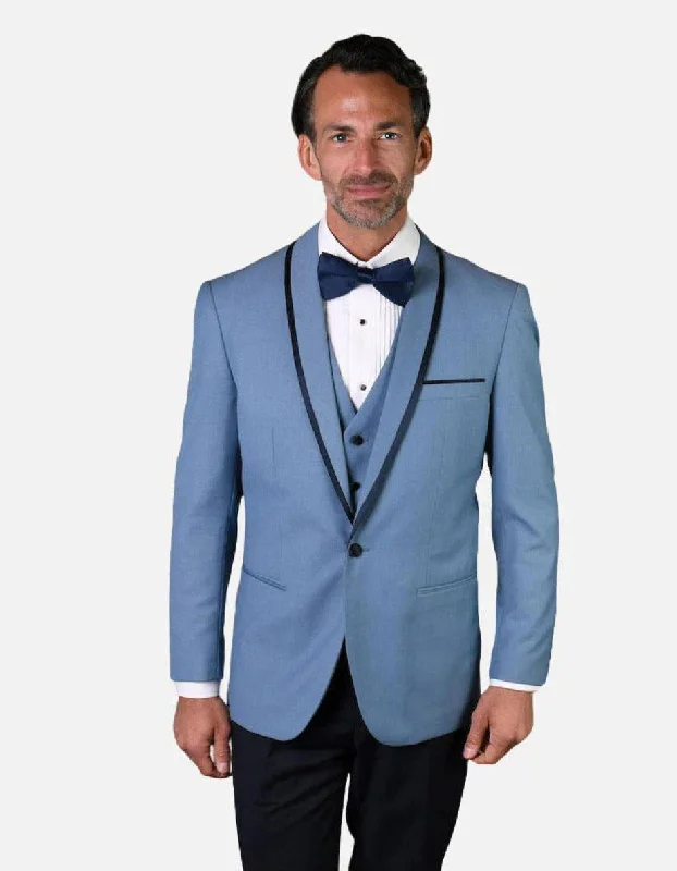 Statement Men's Steel Blue Vested with Black Trim Fine Lapel 100% Wool Tuxedo