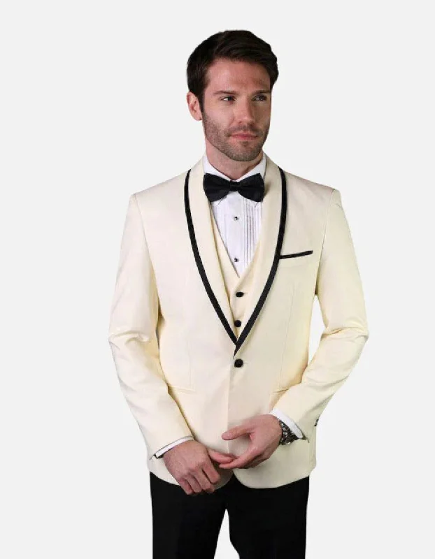 Statement Men's White Vested with Black Trim Fine Lapel 100% Wool Tuxedo