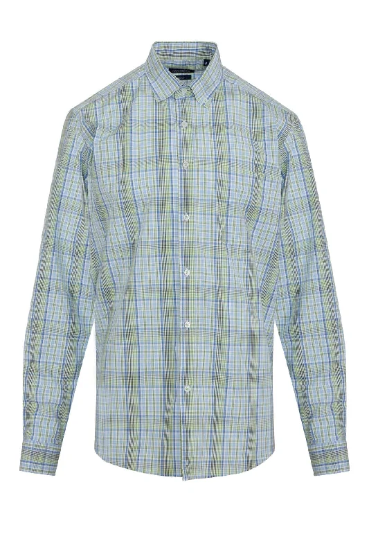 Classic Fit Long Sleeve Cotton Green Plaid Casual Shirt